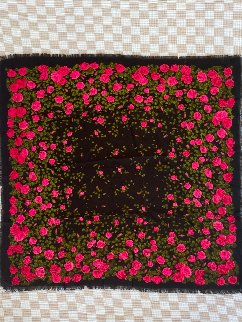 Vintage Pavlovo Posad Black Wool Floral Scarf
